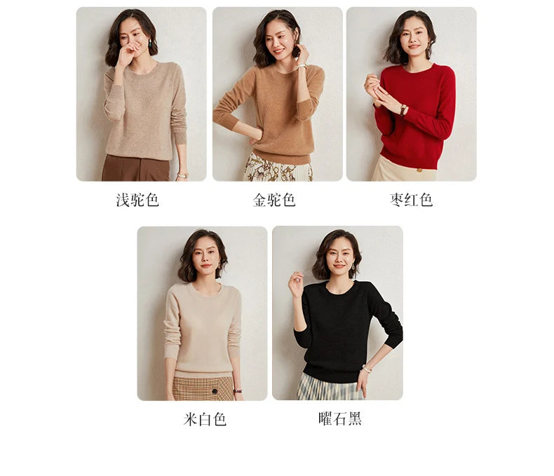 100%Merino Pure Wool Pullover Sweater For AutumnWinter Women's Round Neck Warm High-Quality Solid Color Basic Knitted Jumper Top