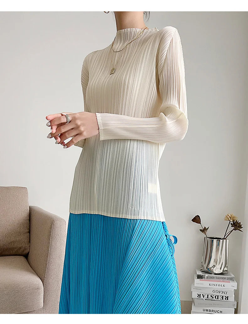 Miyake Pleated Long Sleeves Tops Fall 2025 Winter Korean Fashion Women Classic Solid Color Turtleneck Casual Elegant T-shirt