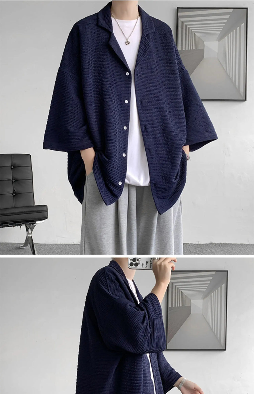 LEGIBLE Spring Summer Solid Shirts Men Casual Oversized Three Quarter Shirts Male Loose Fit Shirt for Man