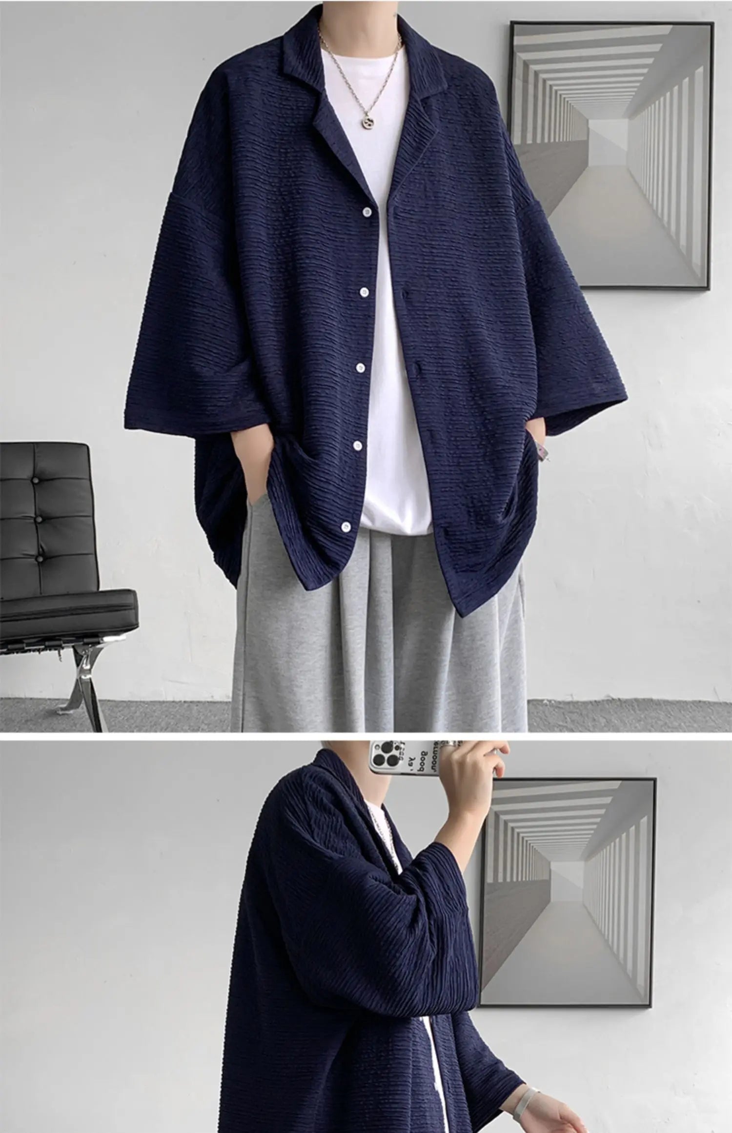 LEGIBLE Spring Summer Solid Shirts Men Casual Oversized Three Quarter Shirts Male Loose Fit Shirt for Man