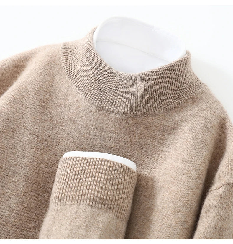 Autumn/Winter Men's 100% Pure Cashmere Pullover Business Casual Solid Knitted Sweater Loose Half High Neck Tops Thick Jumper