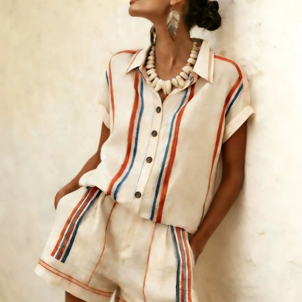 2026 Women Two-piece Set  Vertical Striped Top Women's Summer Loose Casual Versatile Lapel-neck Shorts Sleeve Shirt Shorts Suit