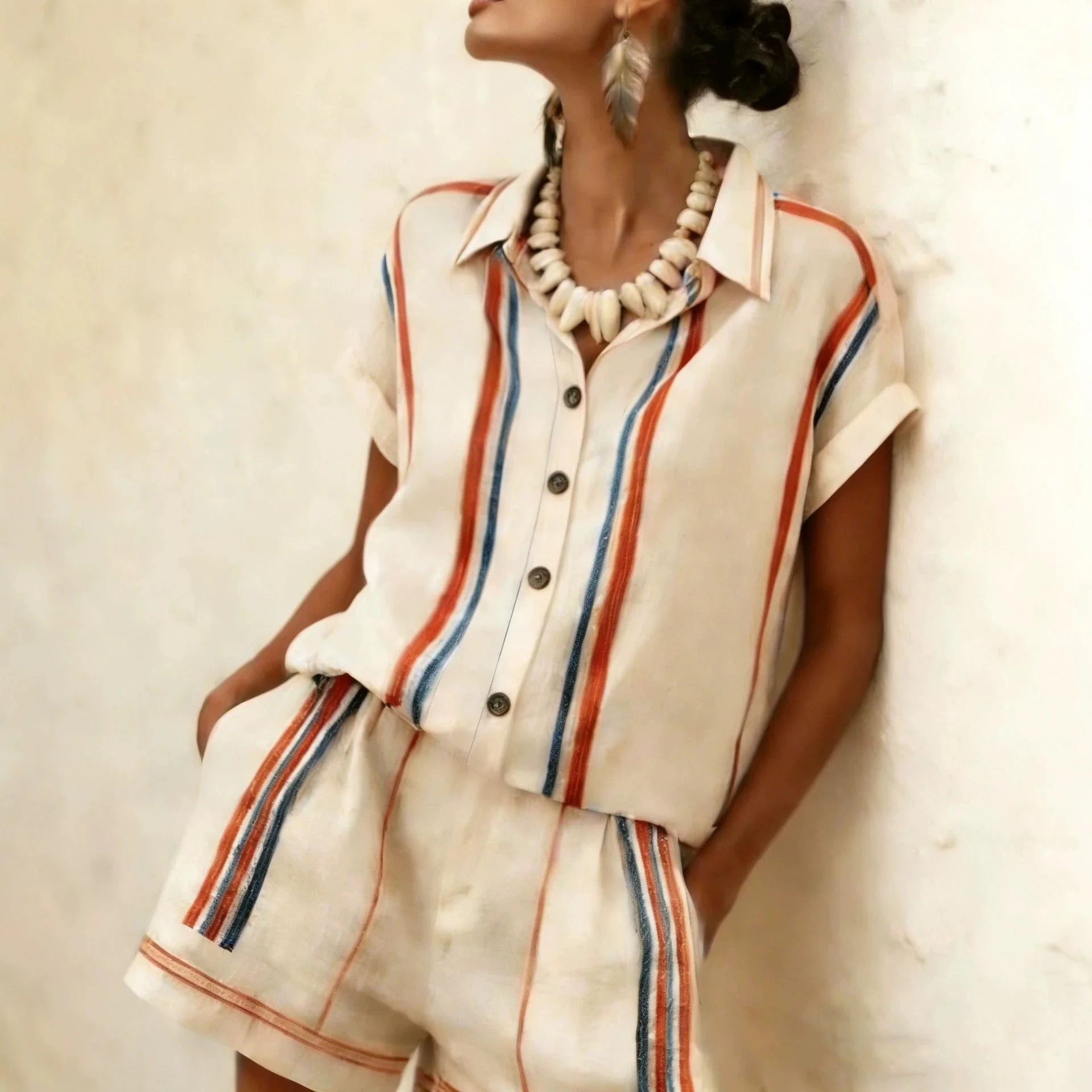 2026 Women Two-piece Set  Vertical Striped Top Women's Summer Loose Casual Versatile Lapel-neck Shorts Sleeve Shirt Shorts Suit