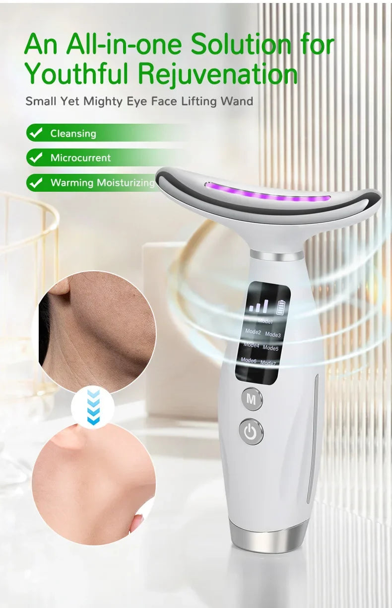 EMS micro current neck beauty instrument, 7-color facial massager, through vibration to enhance facial neck care