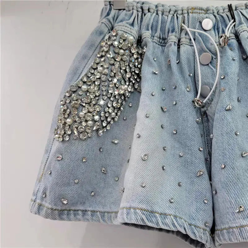 Shorts Women Jeans Straight Denims Sexy Diamonds Vintage Washed Distressed High Waist Button Summer Streetwear Short Pants