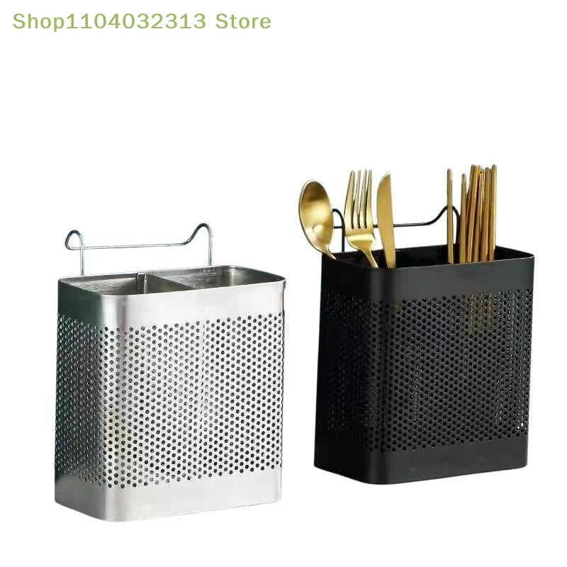 Stainless Steel 2 Compartment Cutlery Organizer With Hooks, Utensil Holder For Kitchen Counter, Dishwasher Safe Flatware Drying