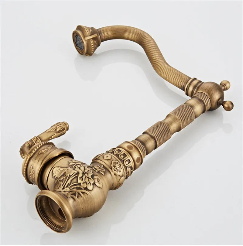 Tuqiu Basin Faucet Antique Sink Faucet Carved Bathroom Faucet Rotate Hot & Cold Brass Kitchen Faucet FWater Mixer Tap Crane
