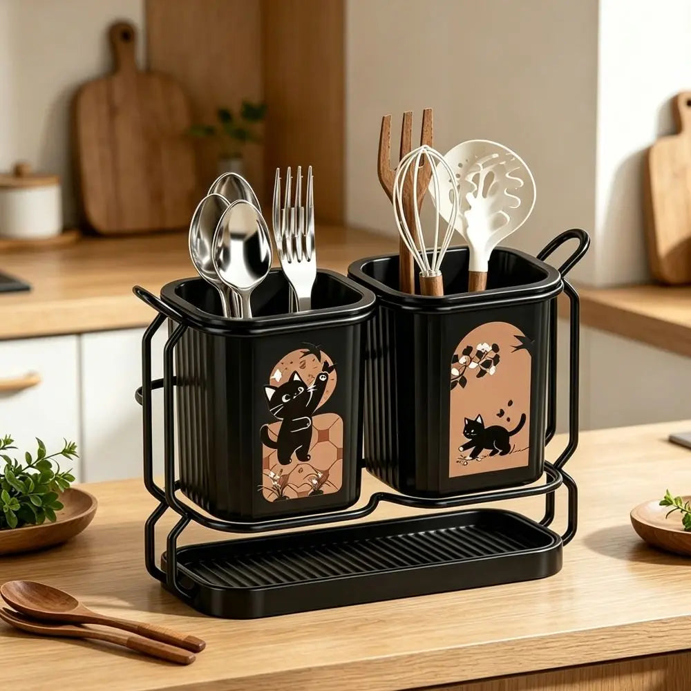 Cute Cat Kitchen Storage Basket Durable Standing Chopsticks Holder Organizer No-drill Tableware Drainer Kitchen