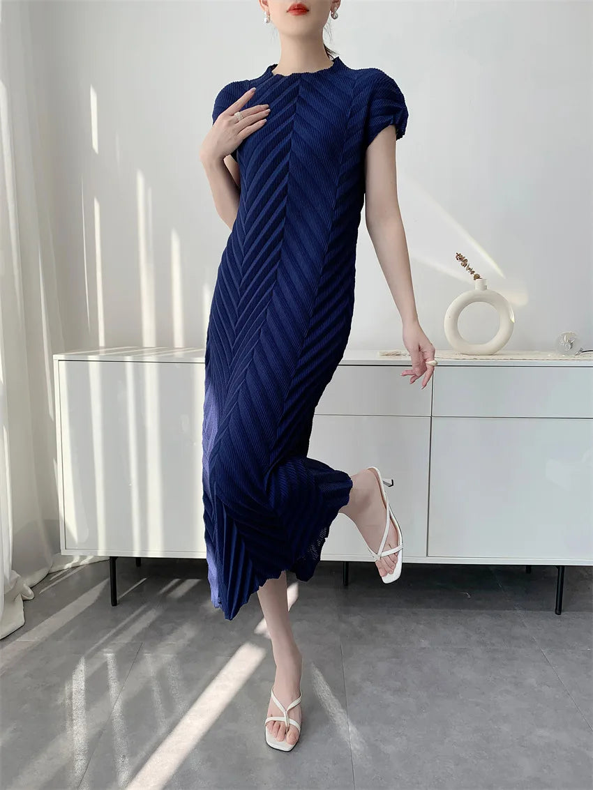 Miyake Handmade Pleated Dress Women's 2026 Spring New Solid Color Half-high Collar Sleeves Pullover Elegant Pleated Skirt