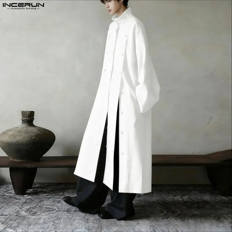 INCERUN Men Long Style Shirt Solid Stand Collar Long Sleeve Male Tops Camisas Streetwear Triple Breasted Fashion Men Clothing