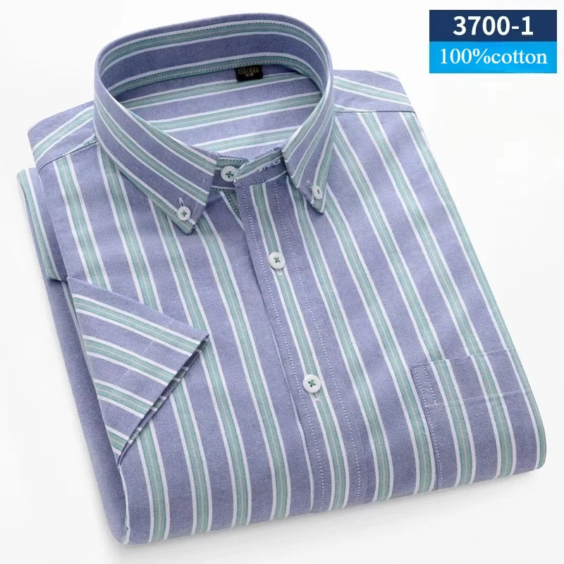 New In Shirt Summer 100%Cotton Short Sleeve Shirts for Men Slim Fit Formal Plain Shirt Designer Plaid Korean Popular Clothes