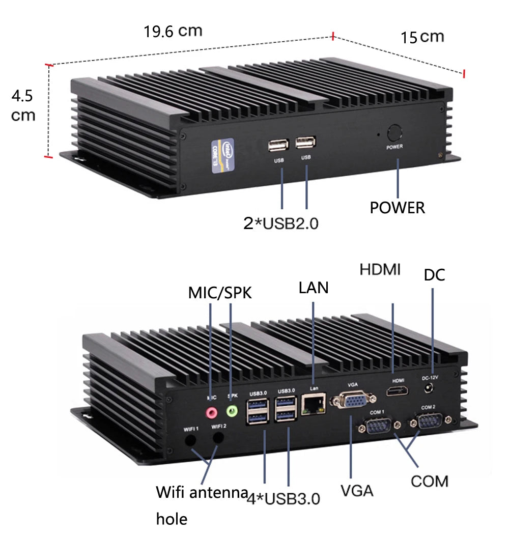 Intel 13th I7 1355U 2*COM Industrial Fanless Mini PC I7 1260P/1270P HD VGA LAN 32G DDR4 1TB NVMe Office Desktop Computer Nuc