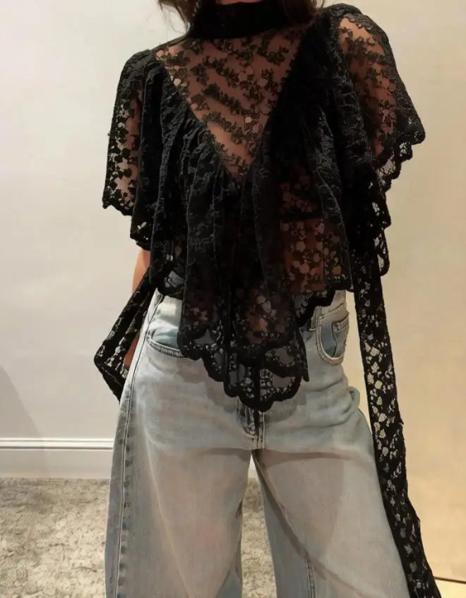Women Summer Kawaii Grunge Lace Floral Embroidery T-Shirts Coquette Sexy Sheer Irregular Ruffles Flutter Sleeve Loose Shirts Top