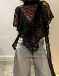 Women Summer Kawaii Grunge Lace Floral Embroidery T-Shirts Coquette Sexy Sheer Irregular Ruffles Flutter Sleeve Loose Shirts Top