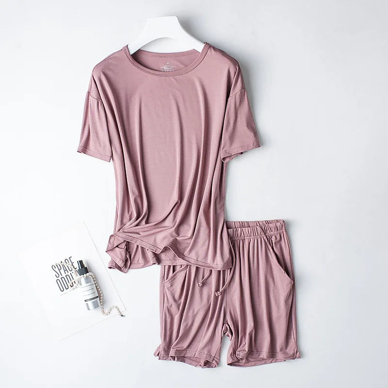 2026 Summer New Pajama Set Women's Modal Short Sleeve Shorts Two Piece Set Ladies Solid Loose Large T-shirt Homewear Women Shirt