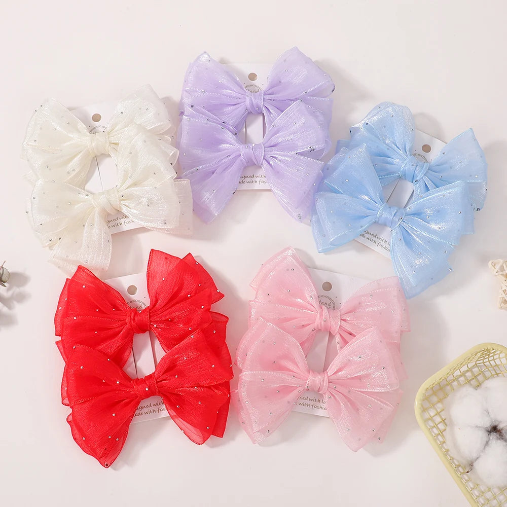 2Pcs Exquisite Princess Bow Hair Clip Set 4.72 Inches Diamond Sets Bow Children's Hairgripes Ladies' Sweet Ponytail Hair Clip