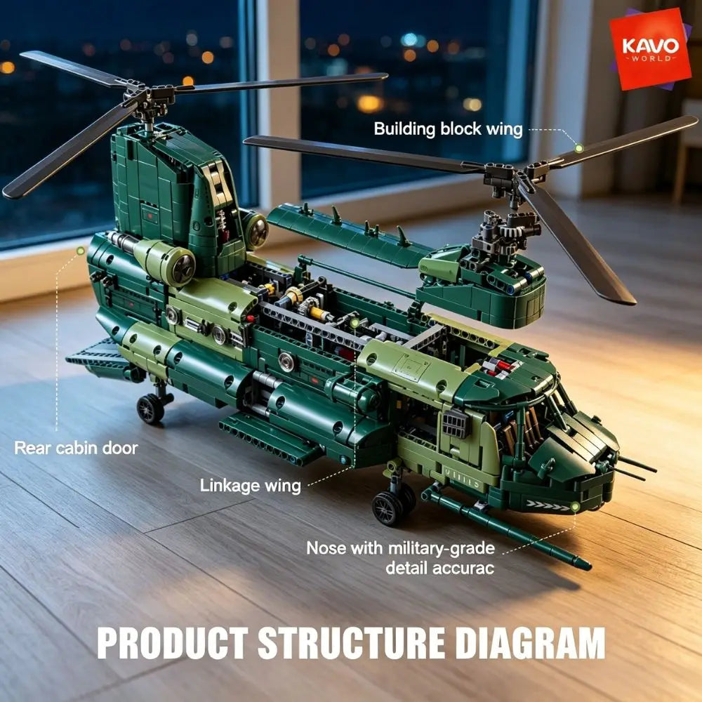 KAVOWORLD 1826pcs 32inch Heavy Transport Helicopter Building Block Model Airplane Toy Set Easy DIY Assembly Aircraft Building Bricks Model Tandem Rotor Construction Kit Display Toy As Halloween Christmas Thanksgiving New Year