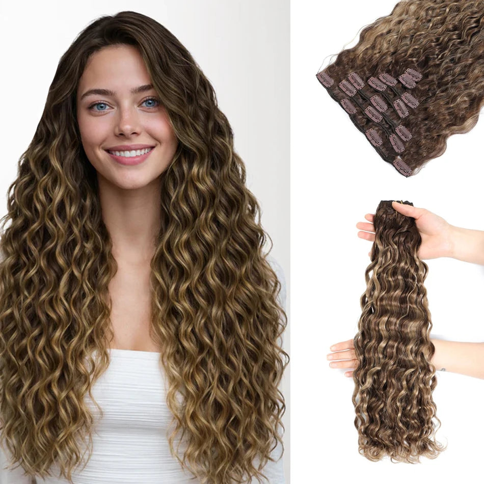 12A Curly Clip in Hair Extensions Brown Water Wave Real Remy Human Hair Clip in Extensions for Women Curly Clip Ins 7pcs 120g