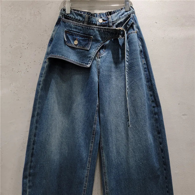All-match New Spring Autumn Vintage Elastic Waist Women Bootcut Jeans Personality Splicing Fashionable Wide Leg Denim Trousers