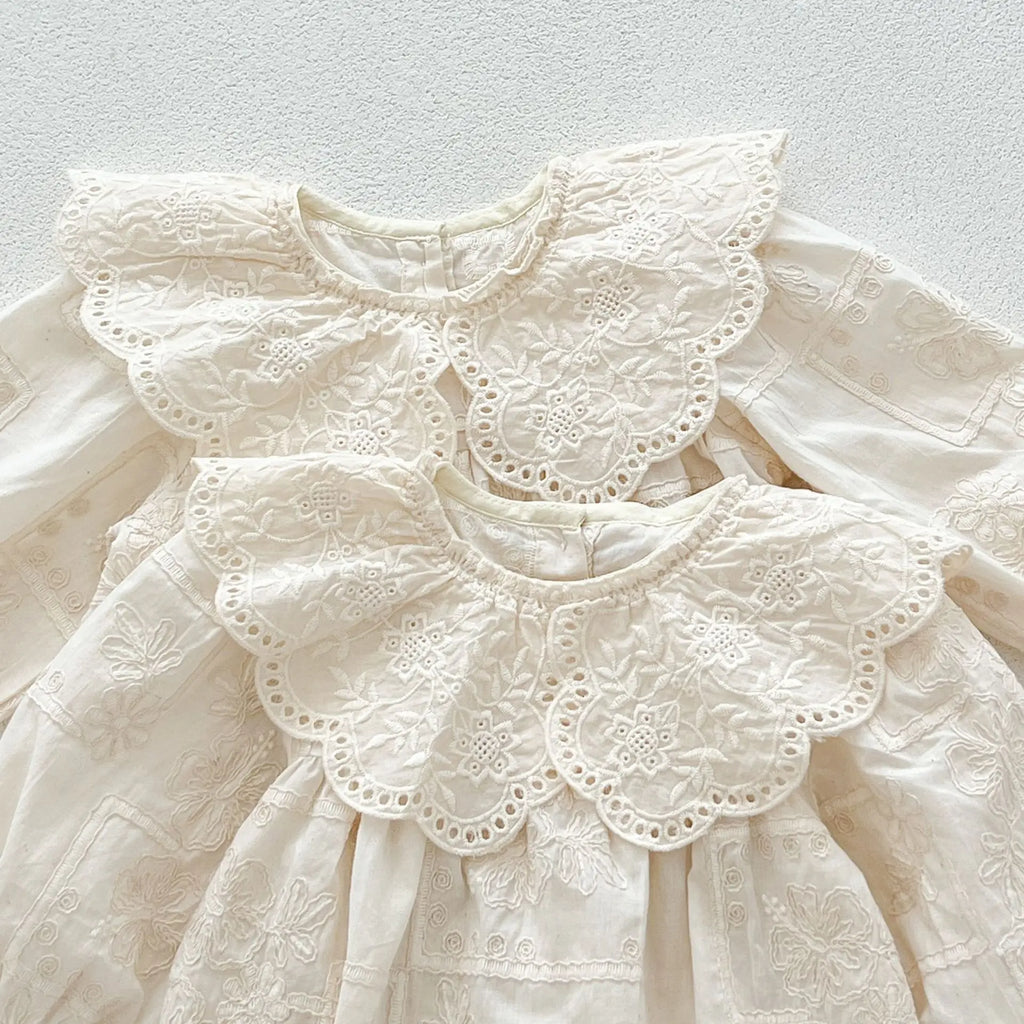 Autumn Newborn Infant Baby Girls Lace Lapel Romper Sister  Embroidery Dresses Muslin Rompers Kids Onepiece Fashion Baby Clothing