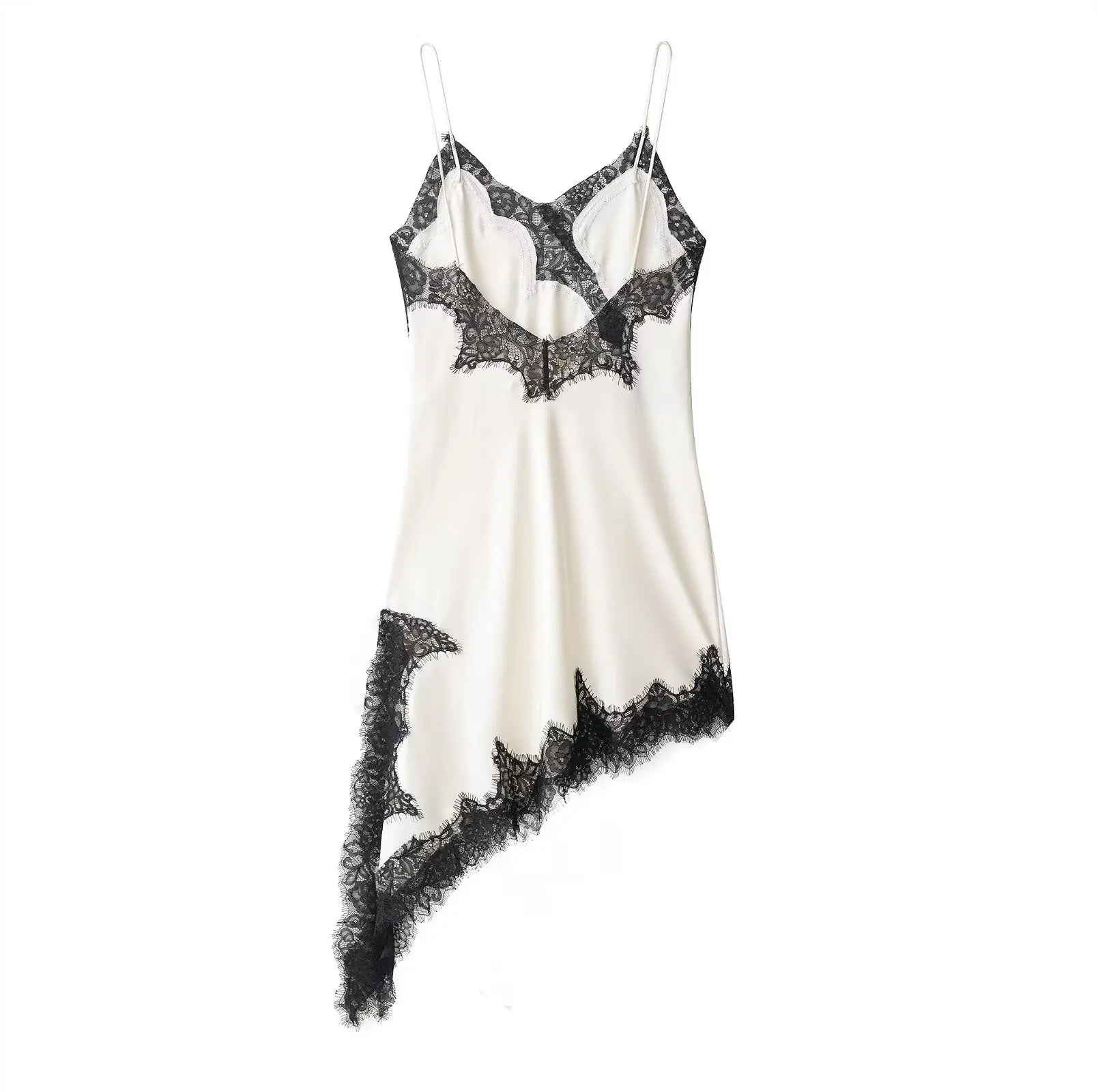 Zevity 2025 Women Sexy Hollow Out Lace Stitching Hem Irregular Mini Dress Female Chic Spaghetti Strap Soft Party Vestidos DS9446