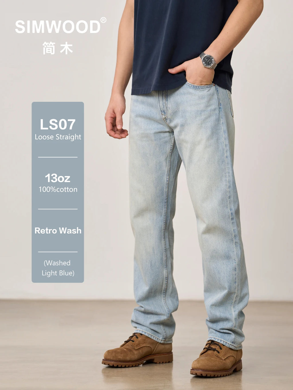 SIMWOOD 2026 Autumn Winter New Loose Straight 13oz 100% Cotton Fabric Jeans Men Washed Vintage Classical Denim Trousers