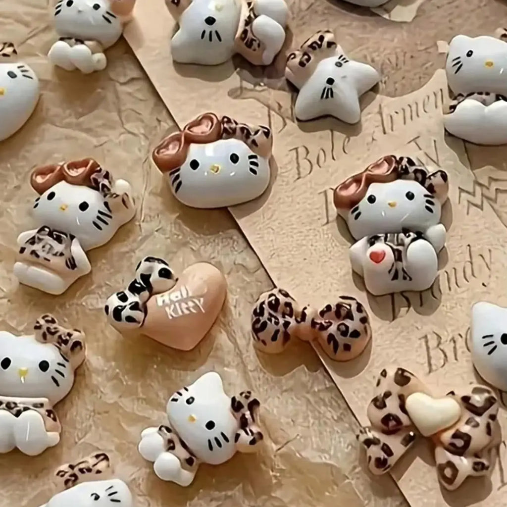 50Pcs Leopard Print Hello Kitty Nail Charms 3D Resin Cartoon Kitty Nail Parts DIY Manicure Decor Accessories