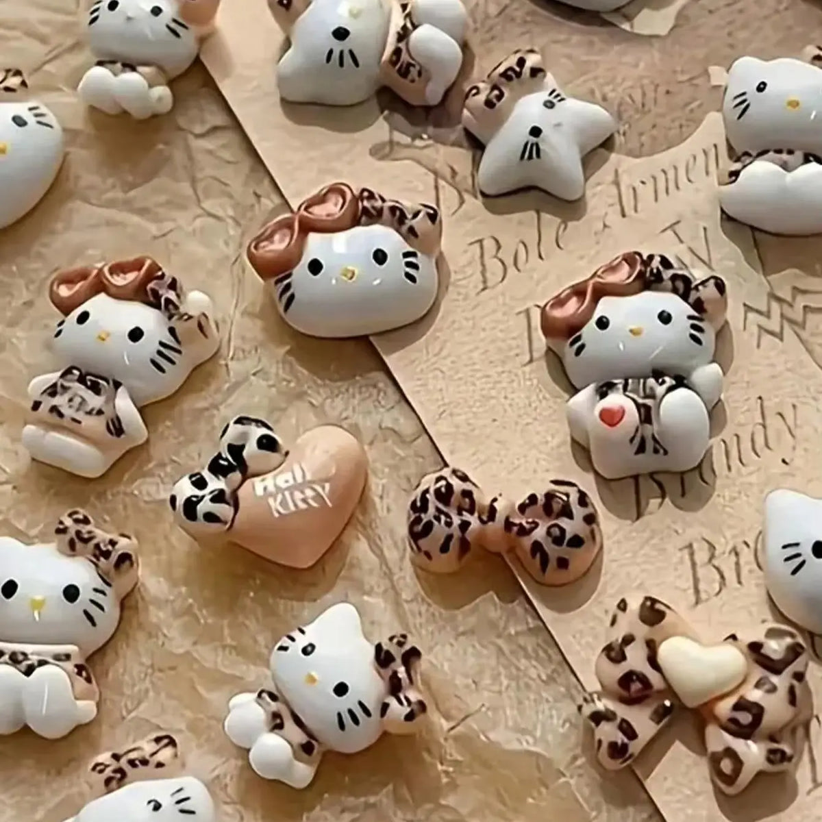 50Pcs Leopard Print Hello Kitty Nail Charms 3D Resin Cartoon Kitty Nail Parts DIY Manicure Decor Accessories
