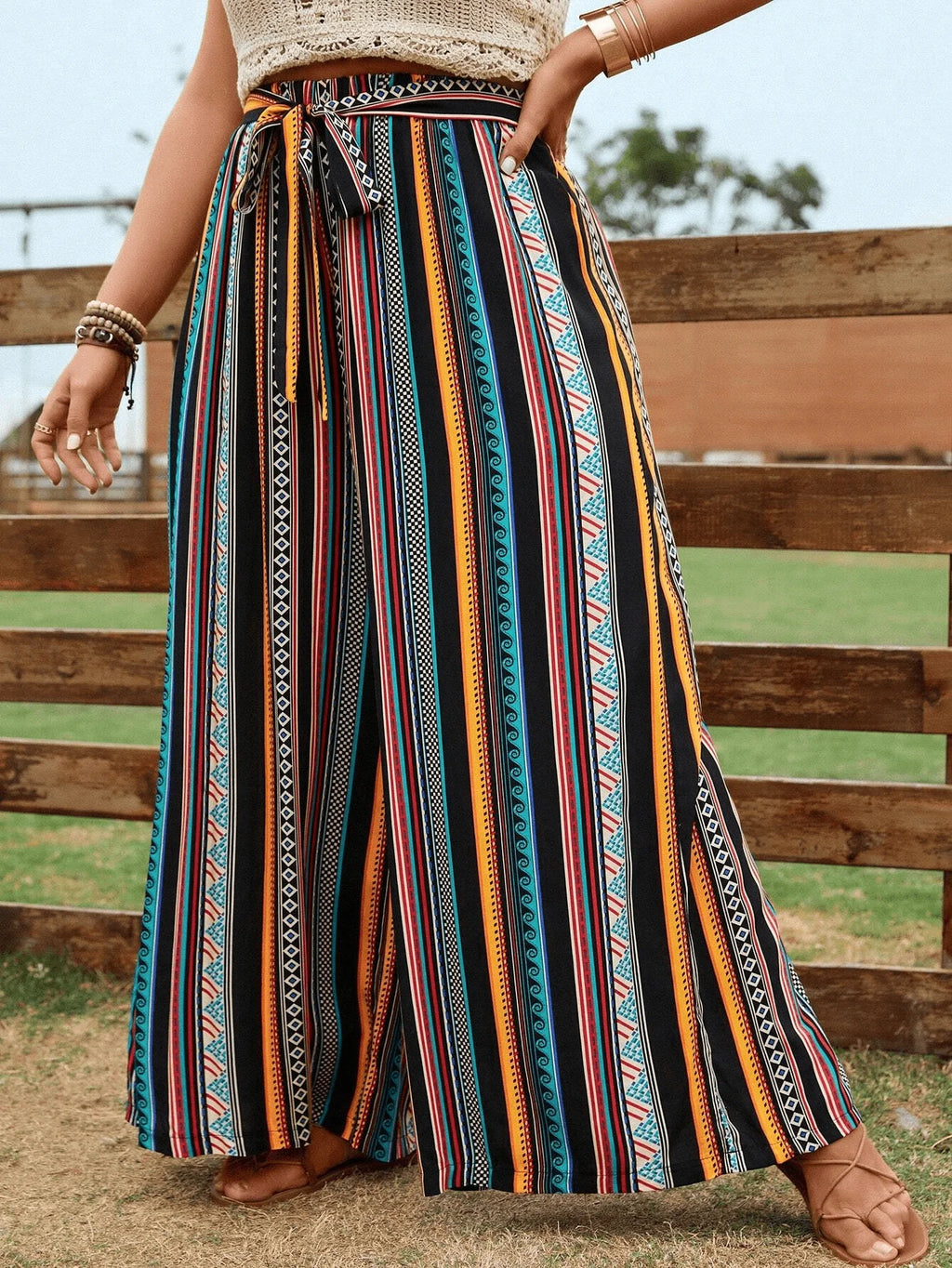 Women's Plus-Size Belted Wide-Leg Trousers with Stylish Striped Print – Casual Vacation Wear for Spring, Summer, and Autumn
