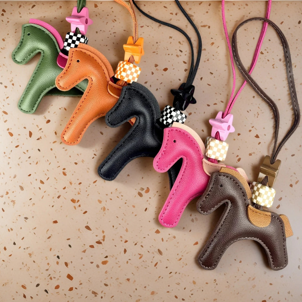 Chic PU Leather Pony Bag Charm, Lucky Clover & Checkered Bead Pendant, Y2K Boho Purse Accessory, Gift for Her