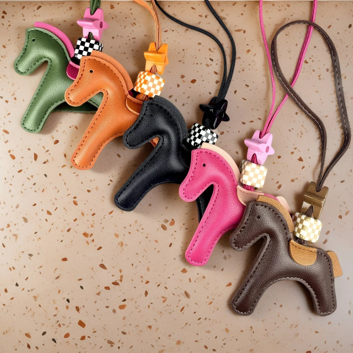 Chic PU Leather Pony Bag Charm, Lucky Clover & Checkered Bead Pendant, Y2K Boho Purse Accessory, Gift for Her