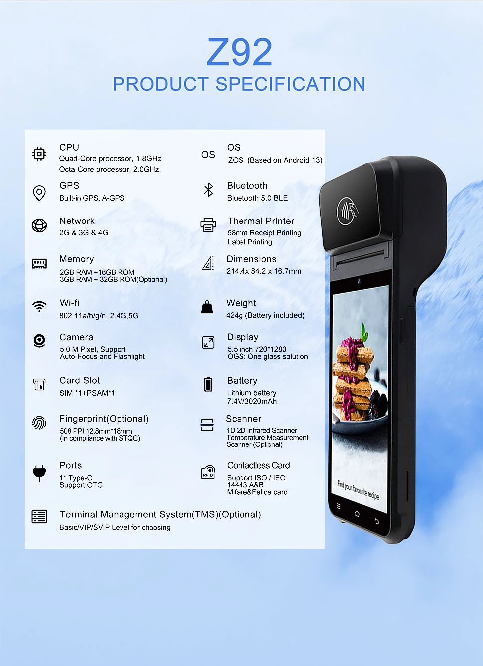 Mobile POS Terminal Android 13.0 Octa-core 2.3GHz 3GB RAM 32GB SSD Wi-Fi Bluetooth USB Thermal Printer Handheld Mobile POS