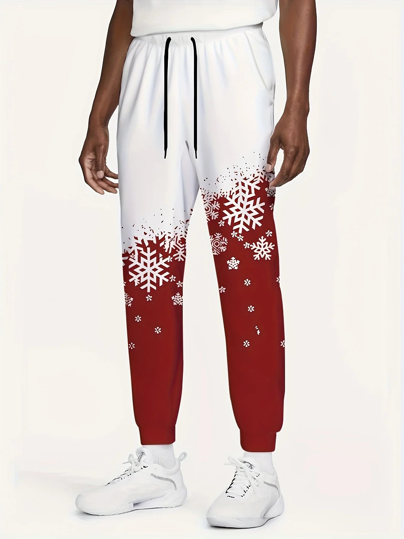 Men'S Christmas Pants with Santa, Reindeer & Tree Print - Red & White Holiday Trousers for Christmas Party, Everyday Winter Wear