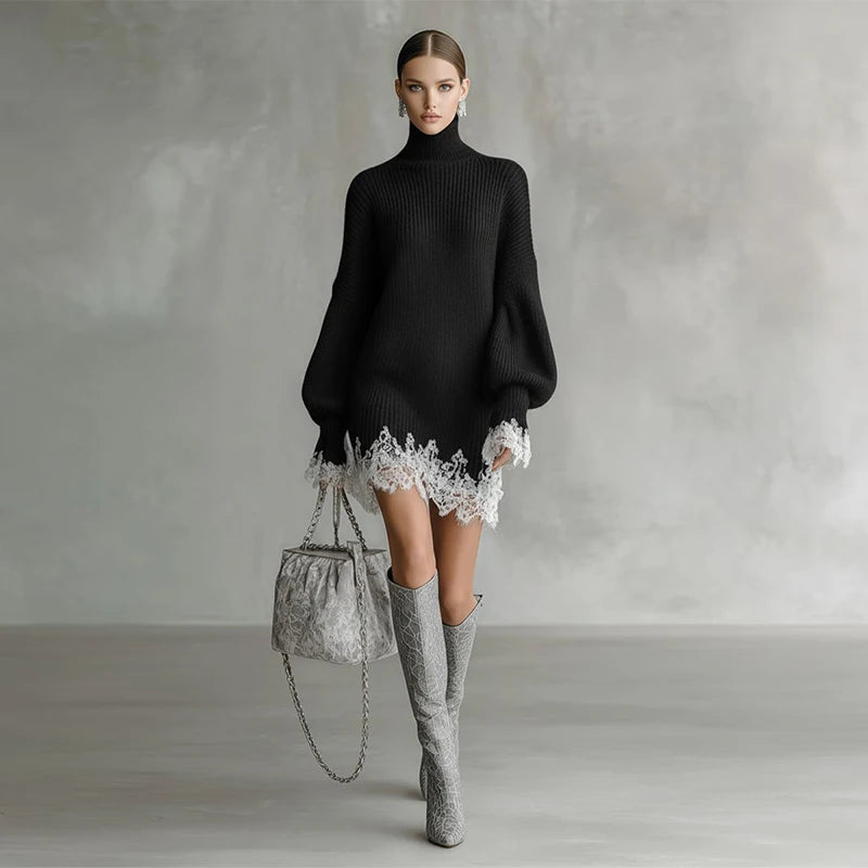 Elegant Women's Dress Stand Collar Full Sleeve Solid Lace Patchwork Knitted Female Dresses 2025 Winter Fashion Cozy Lady Robes