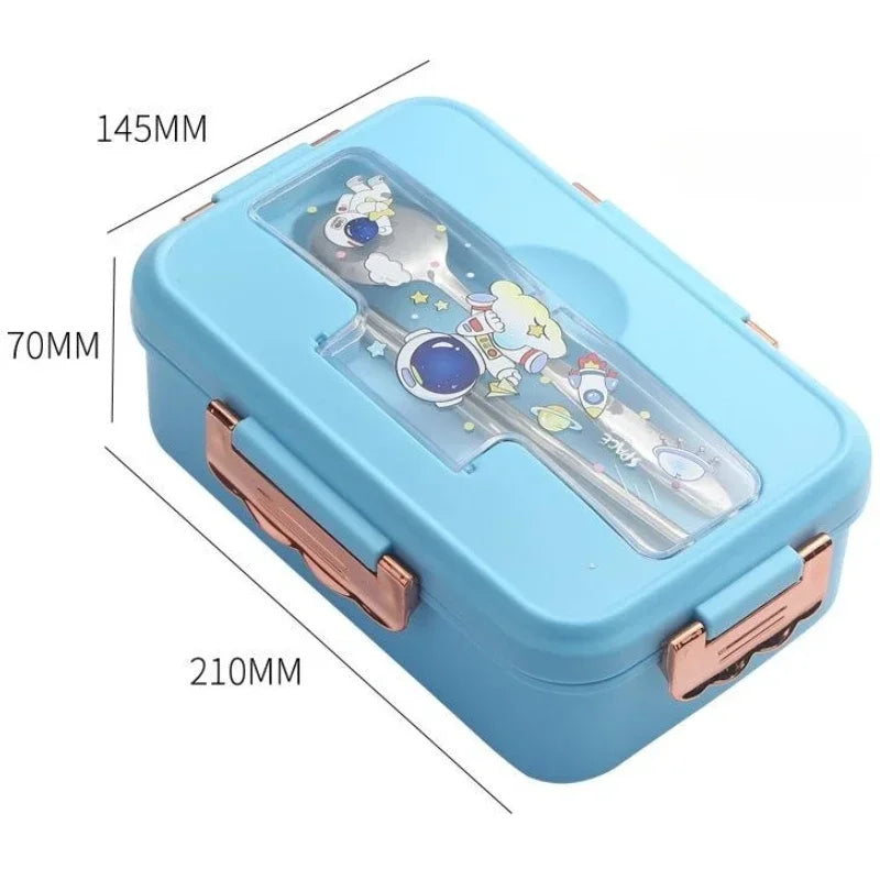 Cartoon Pattern Lunch Box for Students Three Grids Food Grade Plastic Bento Box with Tableware Microwave Heating Office Meal Box