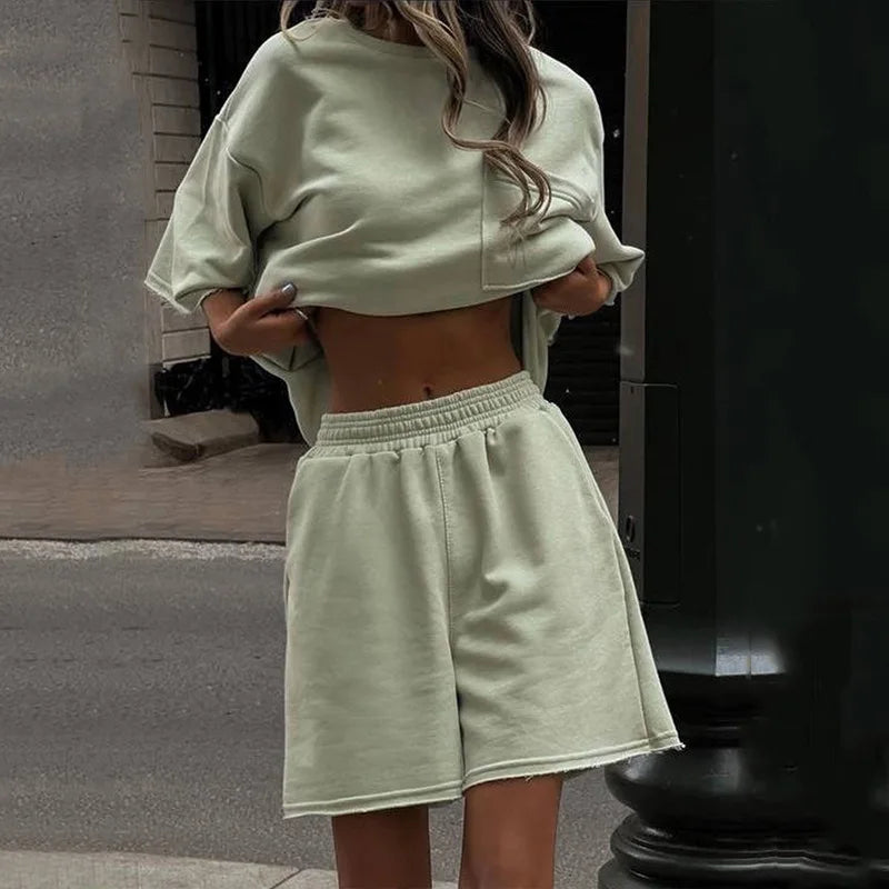 Women Two Piece Sets Short Sleeve Round Neck Loose T-shirts+Wide Leg Shorts Summer Female Sports Outfits Casual Loose Tracksuit