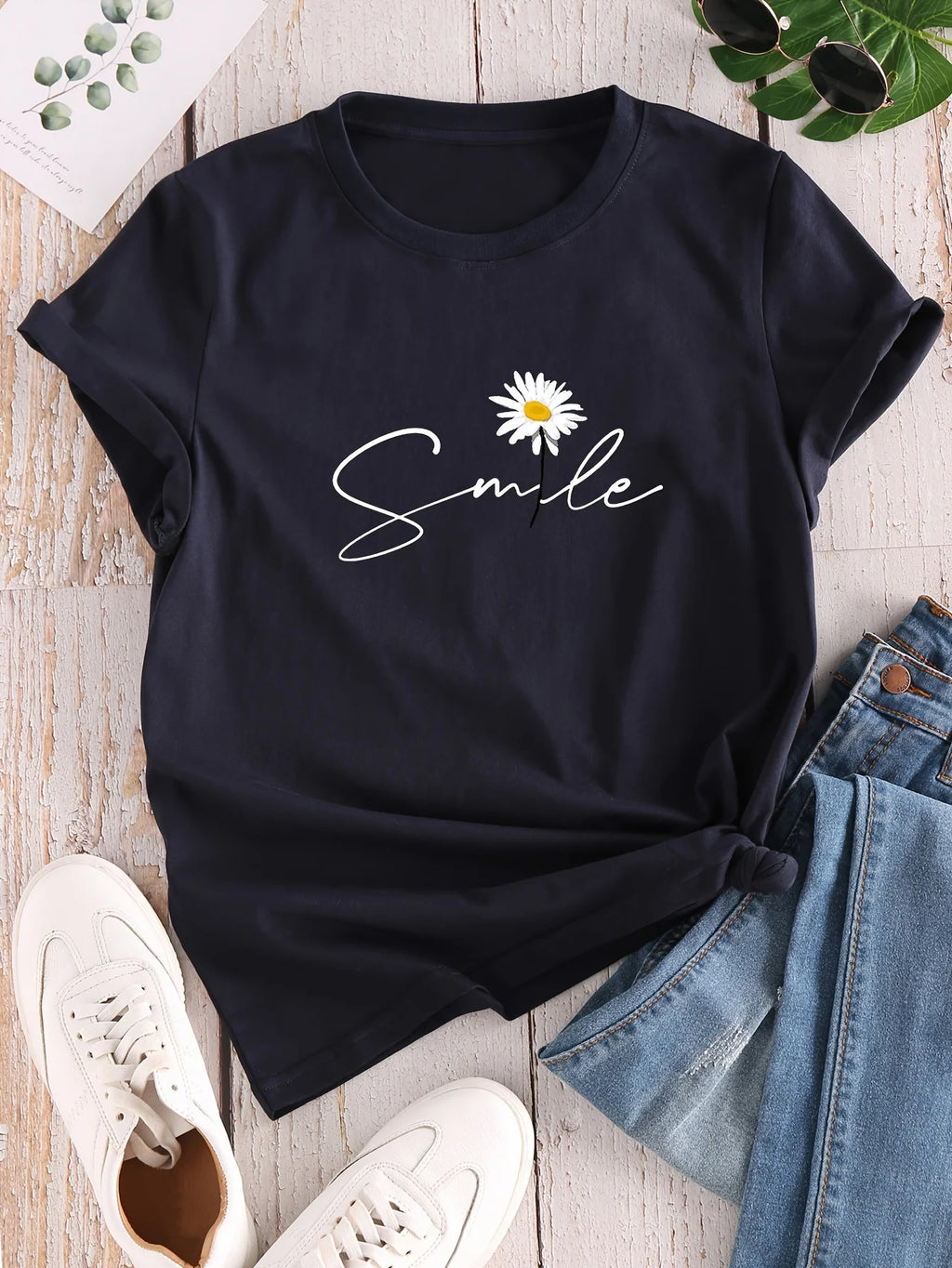 Flower & Letter Print Crew Neck T-Shirt, Casual Short Sleeve T-Shirt For Spring & Summer, Women's Clothing