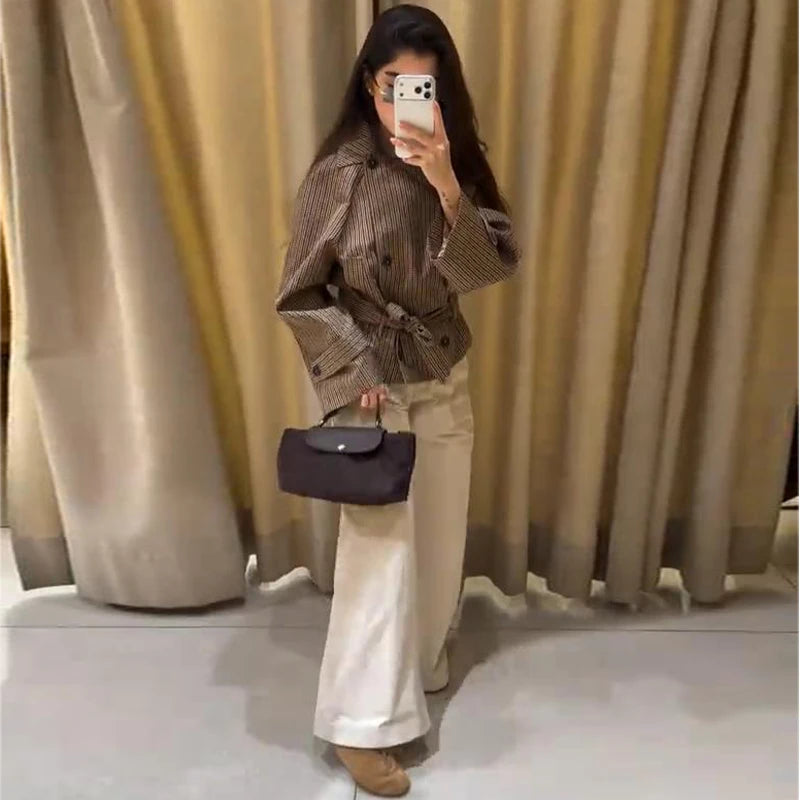 Loose Plaid Lace Up Jacket Women Vintage Double Breasted Full Sleeve Lapel Belts Jackets Female 2026 Autumn Outwear Lady