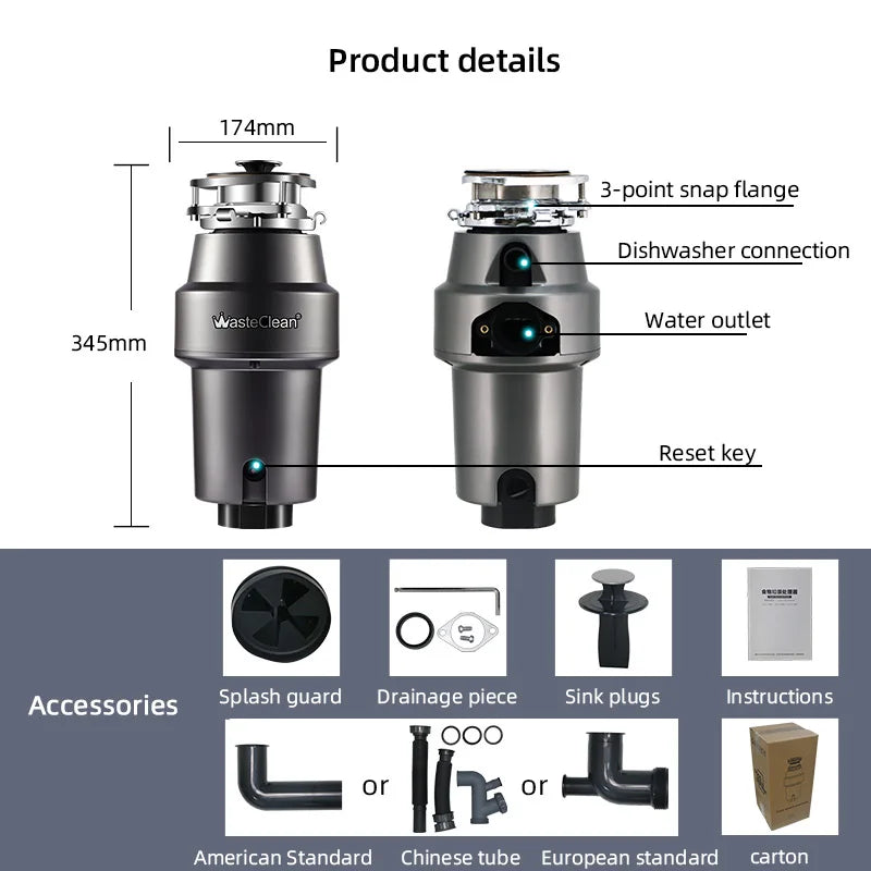 0.75hp Electric Kitchen Processor 5-Stage Wireless Switch Stainless Steel Multigrind Technology Food Waste Shredder Machine Sink