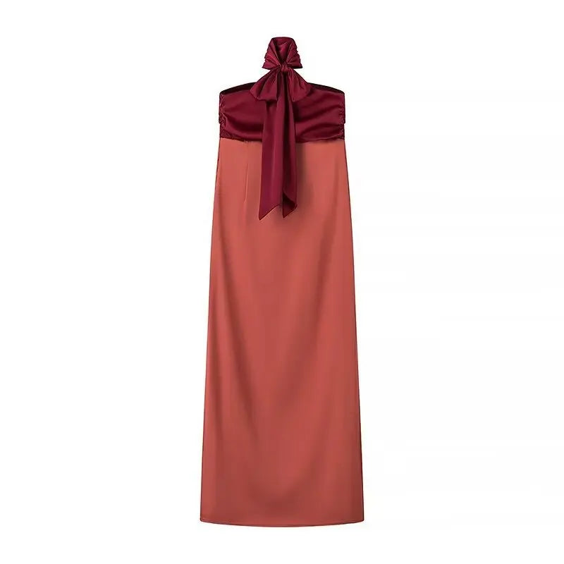 Color Blocking Scarf Collar Suspender Women Maxi Dress Spaghetti Strap High Split Floor Length Evening Dresses Lady Party Robes