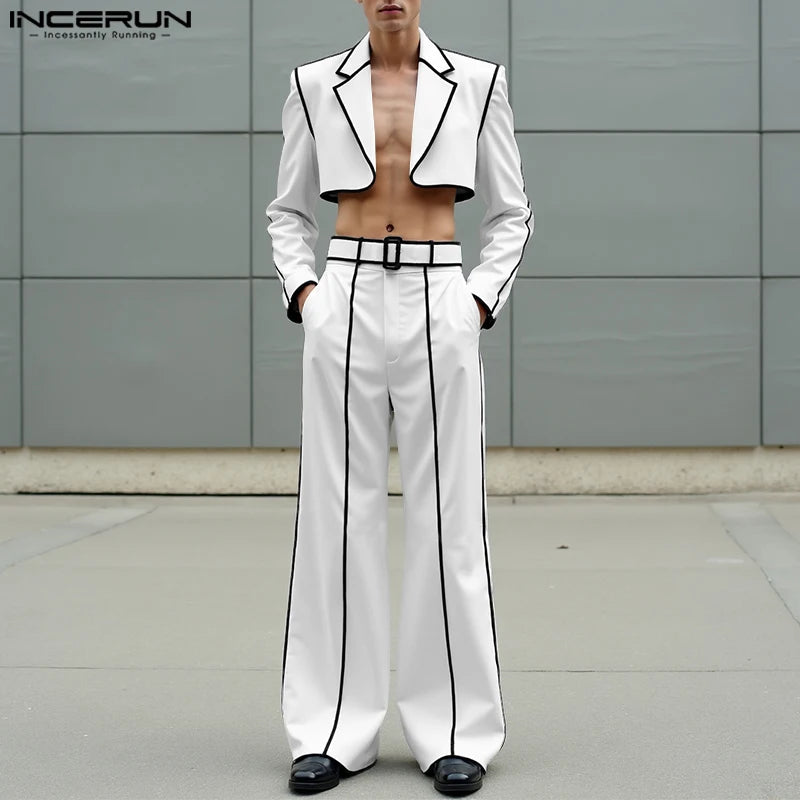 INCERUN Men Sets Patchwork Autumn 2025 Lapel Long Sleeve Crop Blazer & Pants Two Pieces Sets Streetwear Loose Fashion Men Suits