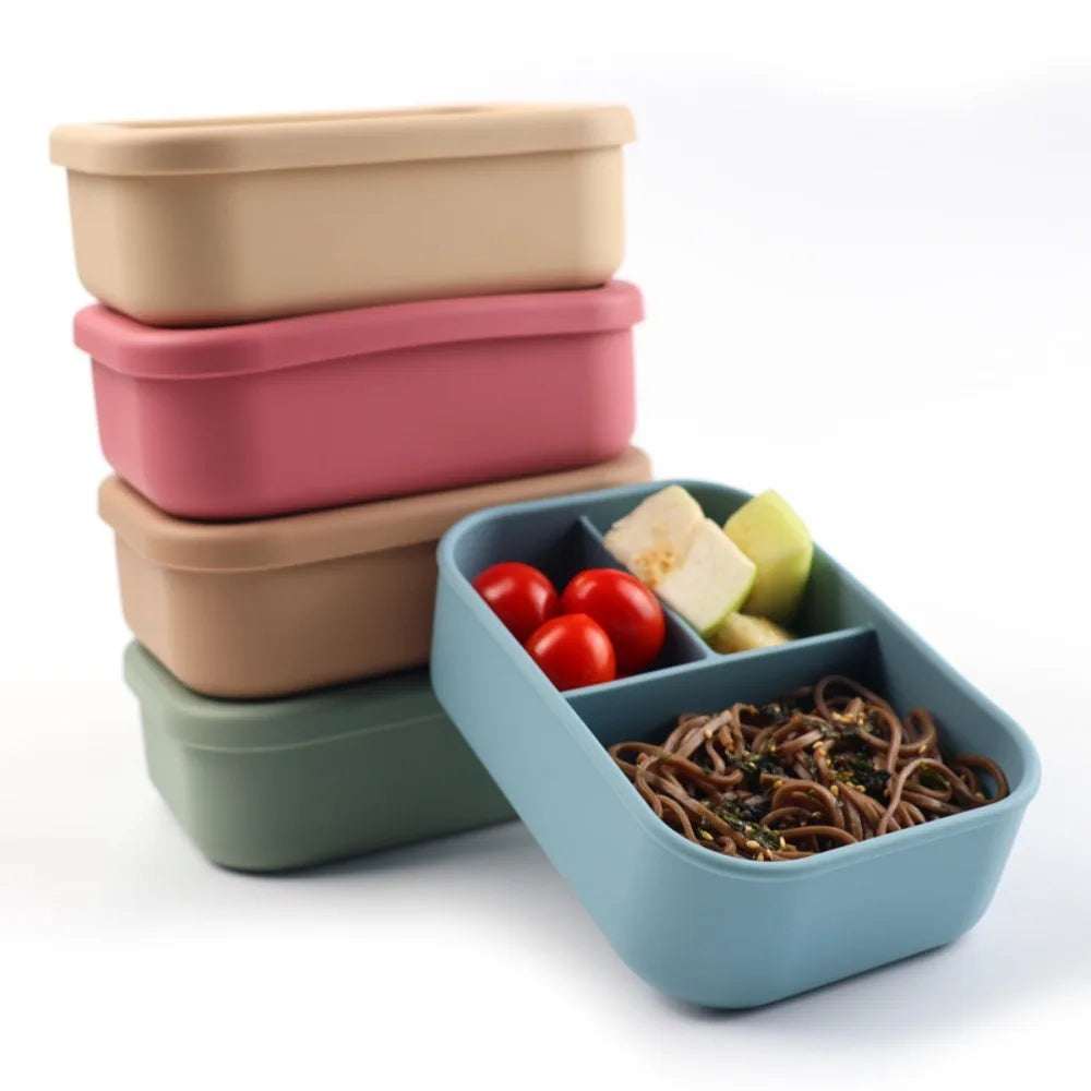 Durable 3 Compartments Silicone Lunch Box Microwavable Rectangular Lunch Container Heat Resistant Picnic box Office