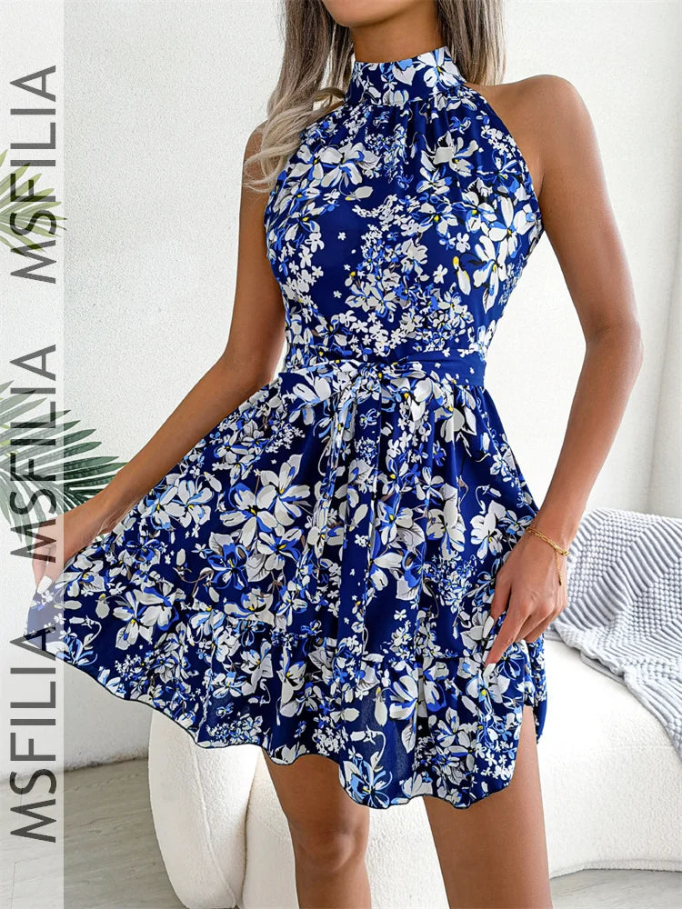 Msfilia Spring Summer Sexy Leopard Print Ruffled Dress Women Sleeveless Lace Up A Line Halter Neck Mini Dress