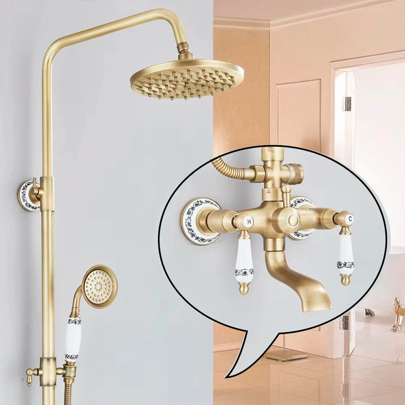 Antique Brass Shower Faucet Set Rainfall Head Shower with Handshower Wall Mount Dual Handle Mixer Bathroom Shower System