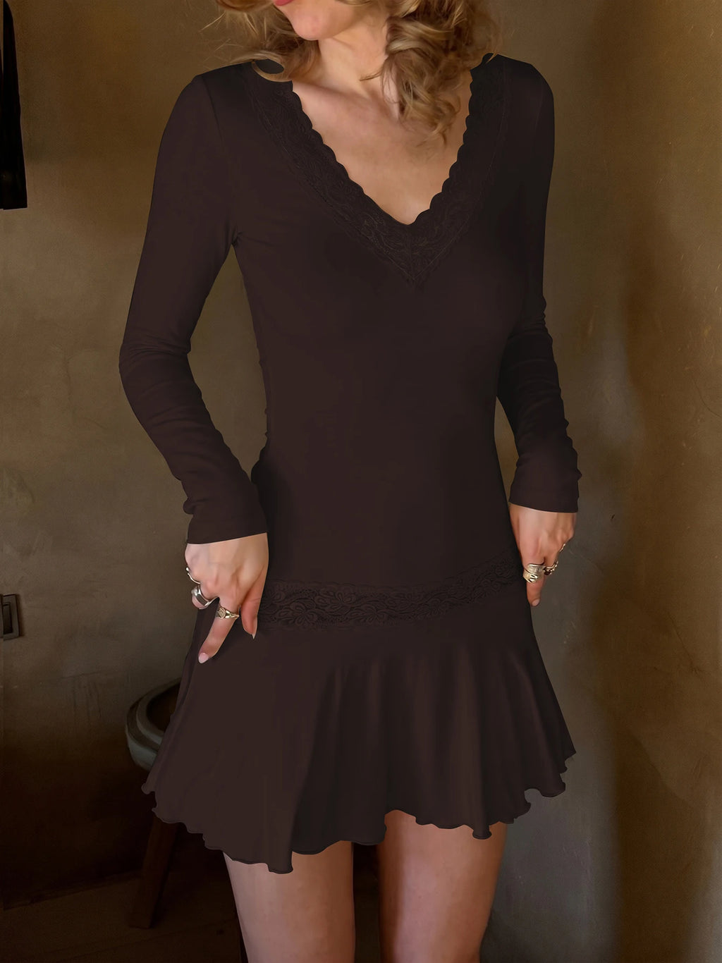 Dulzura V-Neck Long Sleeve Slim Fit Lace Patchwork Mini Dress Women'S Solid Sexy Elegant Dress Party Office Street Autumn Outfit
