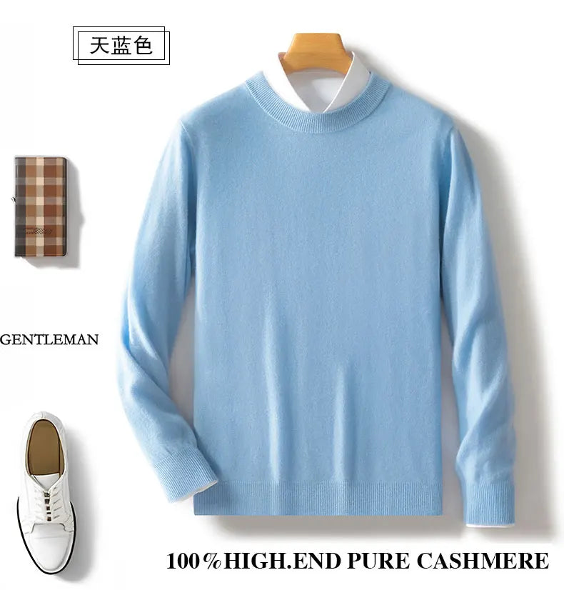 100% wool men's round neck solid color loose knit cashmere pullover for business and leisure, keeping warm in autumn and winter