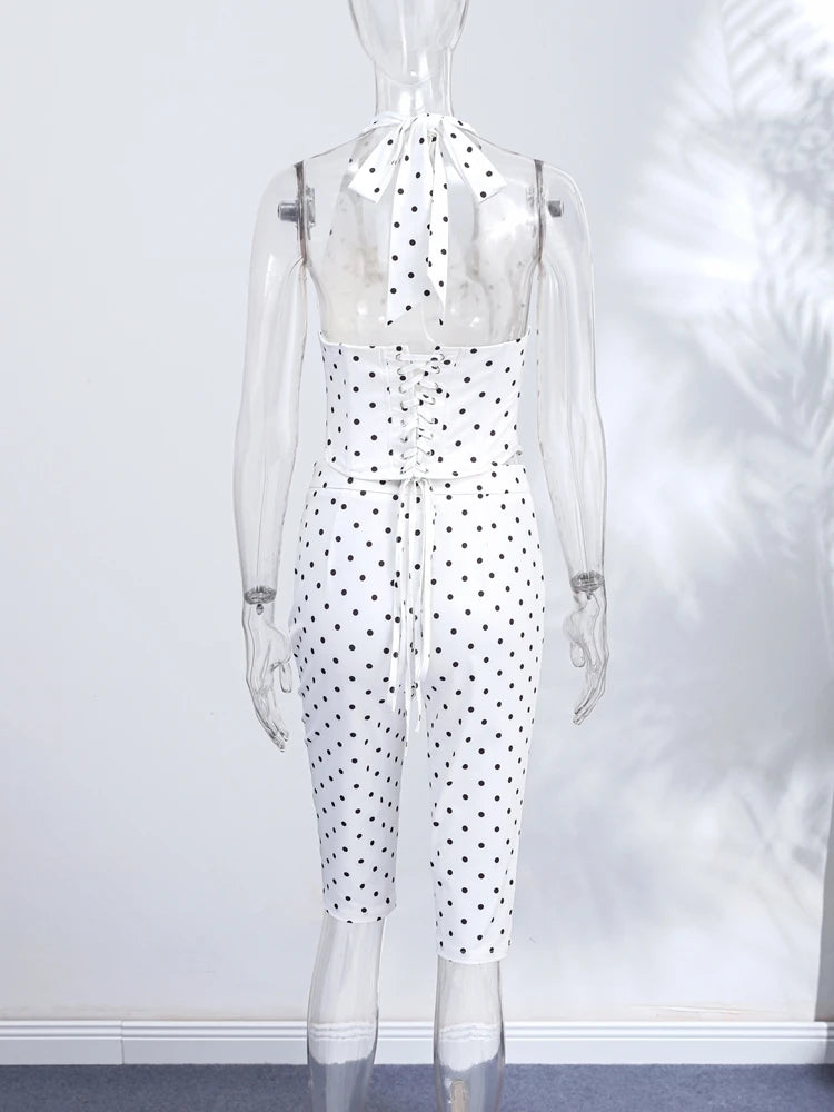 Sexy Polka Dot Two Pieces Pants Set Women Halter Sleeveless Lace Up Corset Top Cropped Pants 2026 Summer New Lady Y2K Outfit