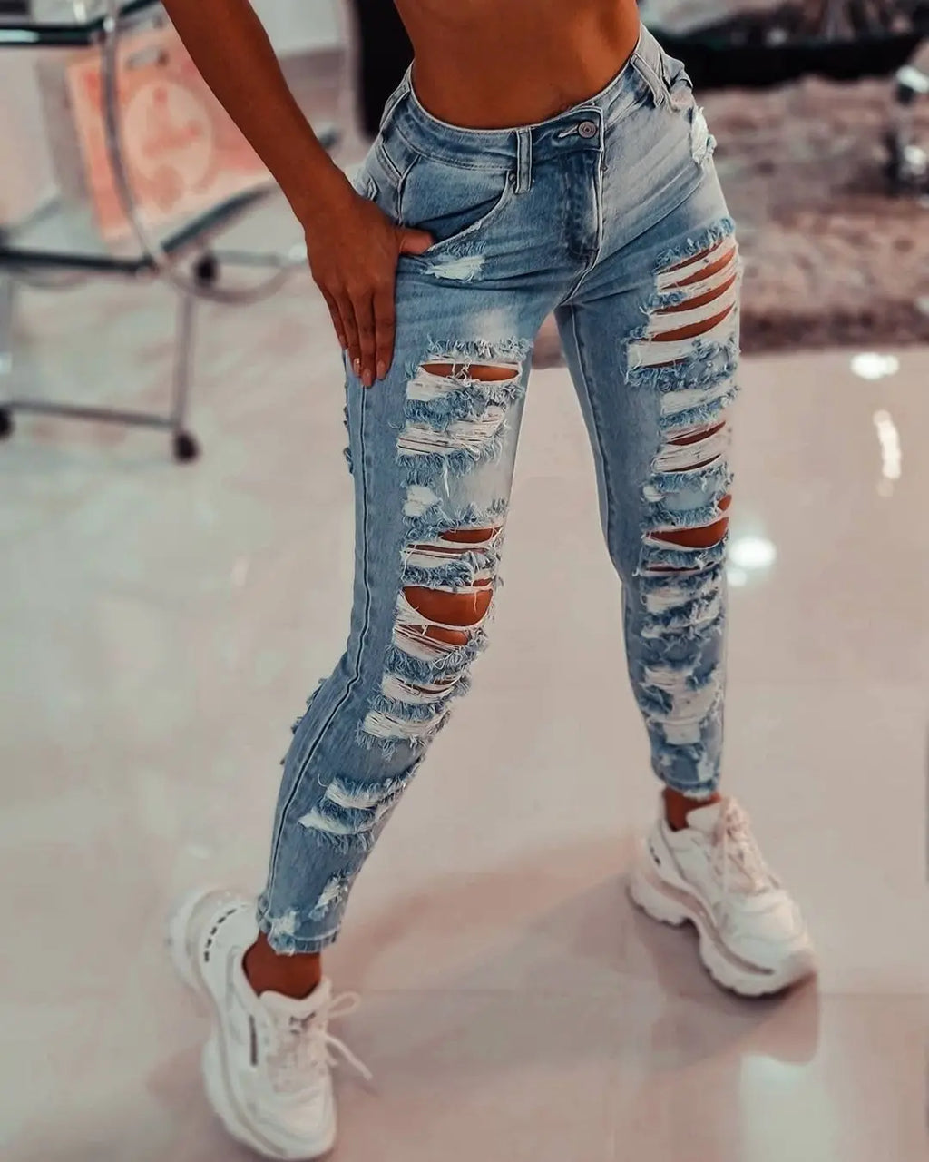 Women Light Wash High Waist Skinny Jeans with Heavy Distressed Ripped Design Casual Streetwear Denim Pants