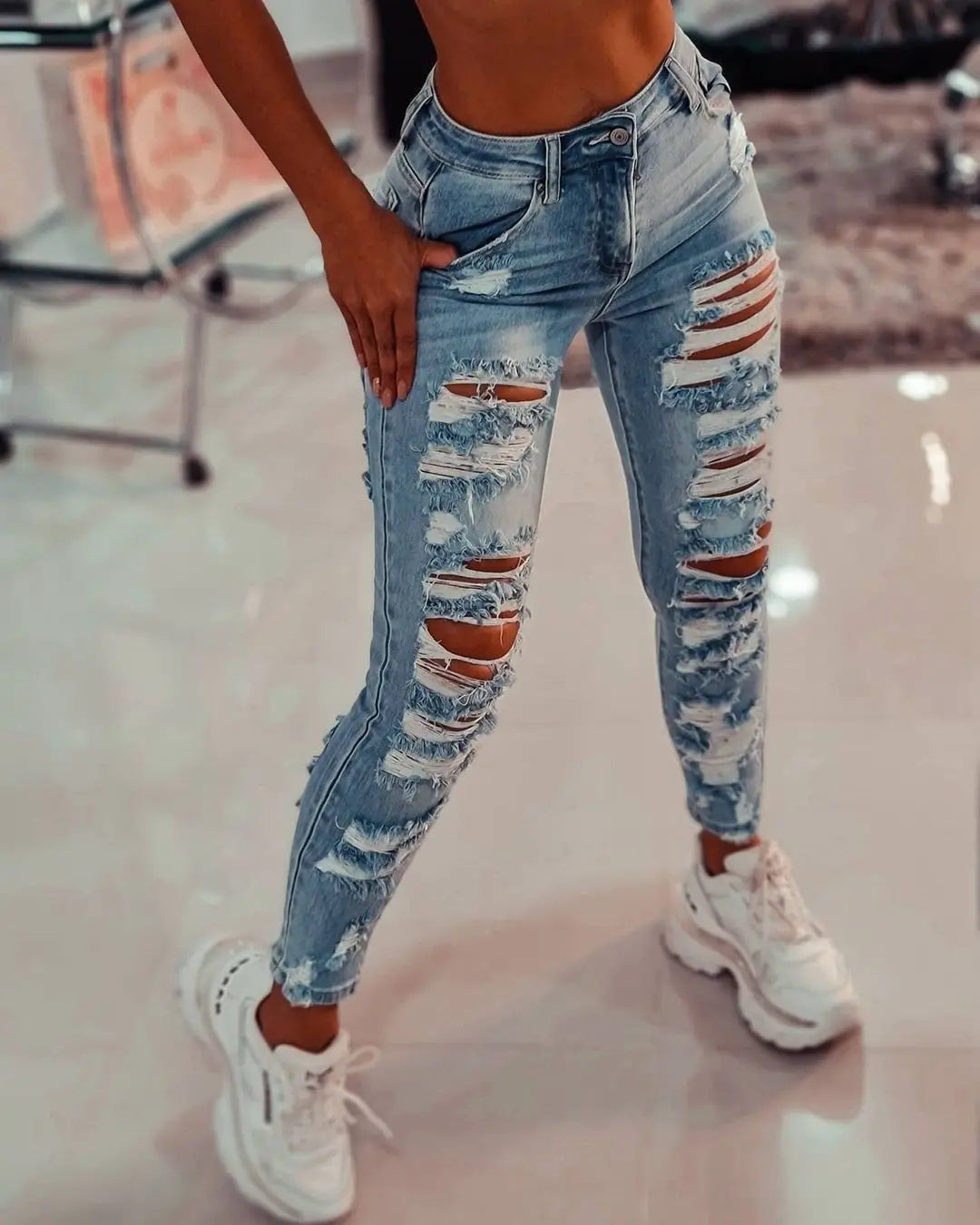 Women Light Wash High Waist Skinny Jeans with Heavy Distressed Ripped Design Casual Streetwear Denim Pants