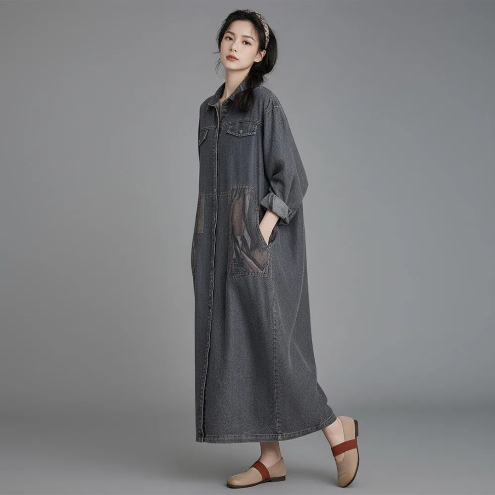 Johnature Women Vintage Denim Cotton Dress 2026 Spring New Turn-down Collar Long Sleeve Button Patchwork Pockets A-Line Dress